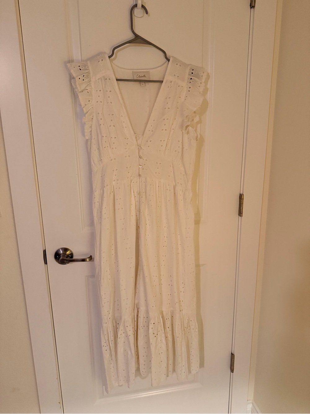 Cleobella Cream Eyelet Midi Dress with Ruffle Shoulders